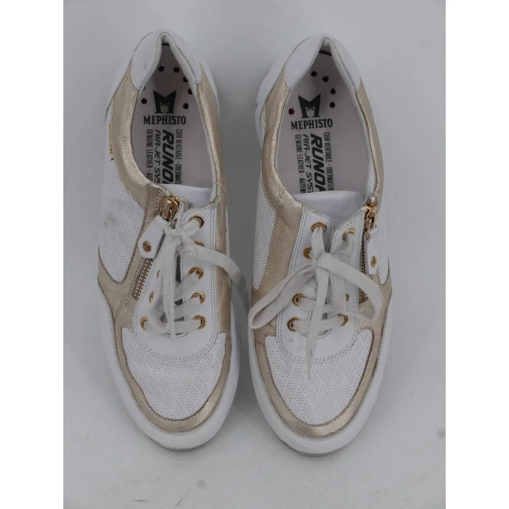 Mephisto Runoff Shoes White Gold Leather Zip Lace Up Comfort Women's Size 8.5